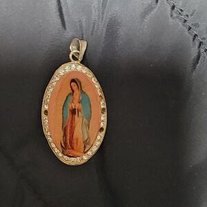 Religious Oval Pendant Necklace - Blue and Peach Icon Charm